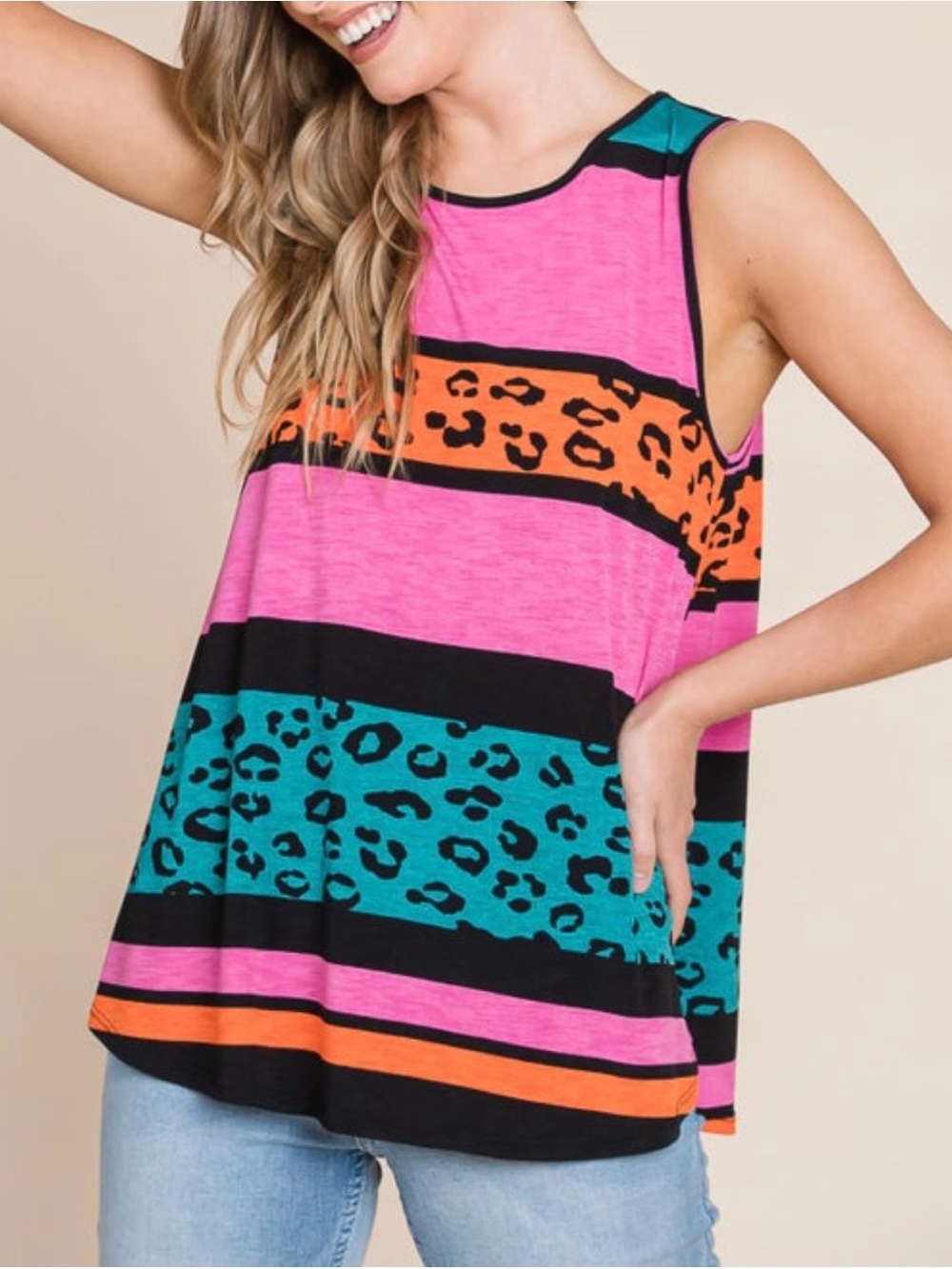 Bombom Colorblock Animal Print Sleeveless Tank Top